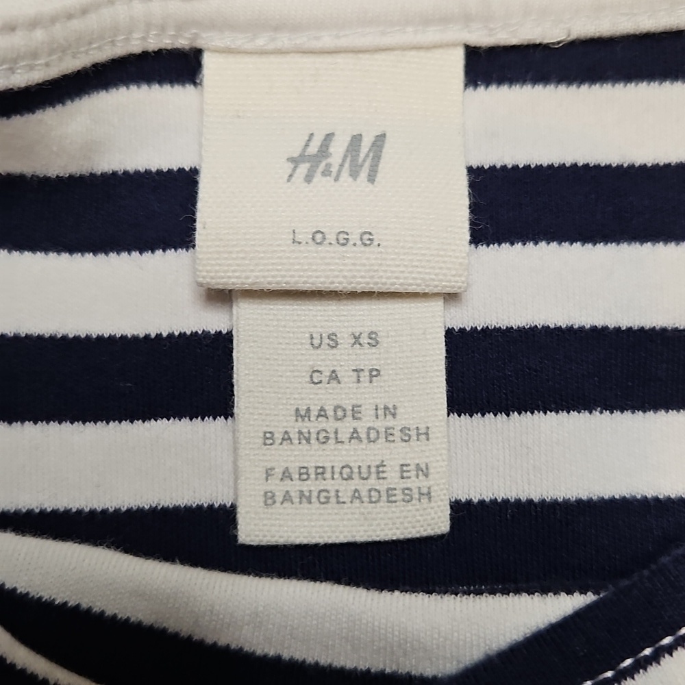 H&M Boat Neck Shirt Navy & White Stripe 3/4 Sleeve XS 100% Cotton - Picture 2 of 7